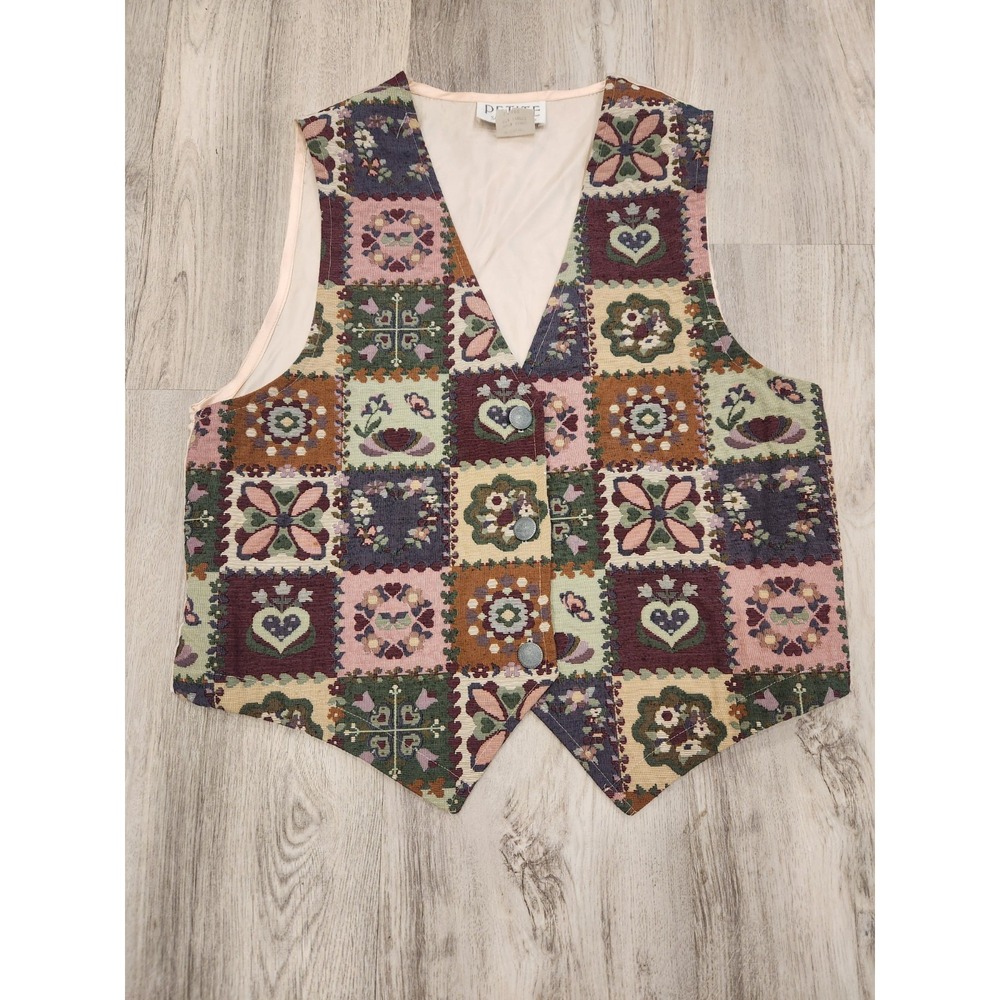 Vtg 90s Tapestry Patchwork Vest Cottagecore Teacher Granny Core Hearts Sz. Large